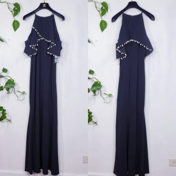 $795 NWT BADGLEY MISCHKA Women's Black Maxi Long Dress‎ 4 SMALL Ruffle Pearls - Picture 4 of 12